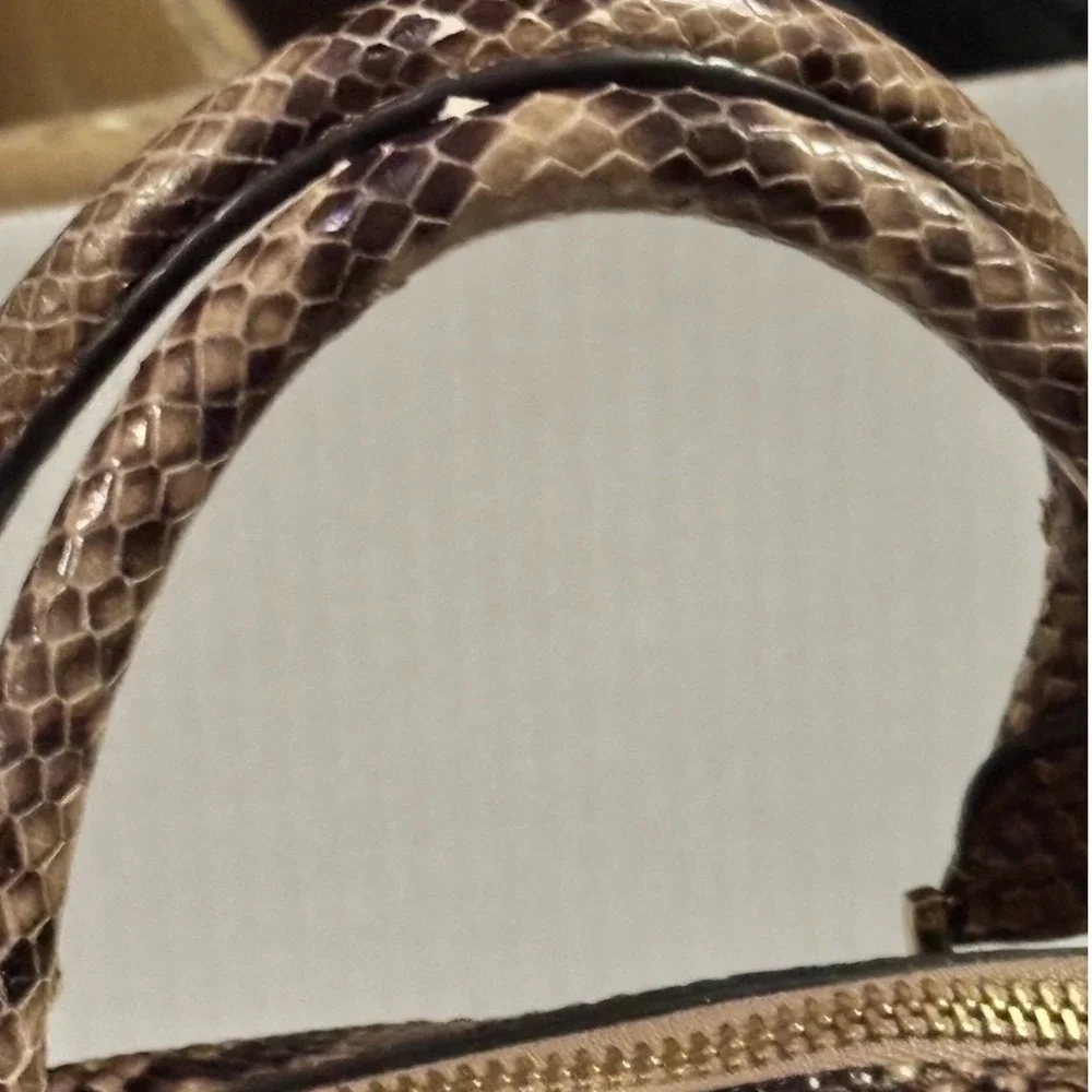 Michael Kors Tan Pebbled Leather Snakeskin Embossed Dome Satchel Handbag
